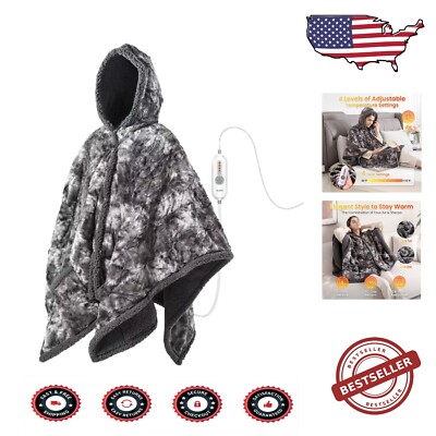 Marble Grey Heated Shawl with Hood - 4 Heat Settings, Ideal for Indoor & Outdoor-image