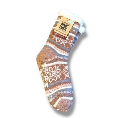 Muk Luks Women's Cabin Socks Sz L/XL NEW Beige Fair Isle Fuzzy Slipper Grips-image