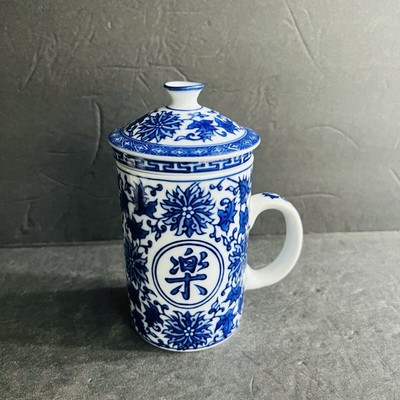 Pier 1 Imports Blue White Porcelain Happiness Mug With Lid & Strainer-image