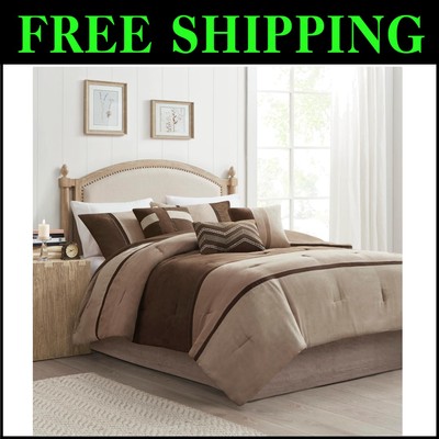Geometric Pieced Stripe Comforter Set King - 7-Piece Faux Suede Collection-image