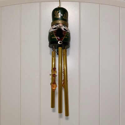 Vintage Nutcracker Wind Chime Christmas Green And Brass Glass Ornaments Xmas 20”-image