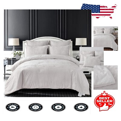 Luxurious 5-Piece Distressed Velvet Comforter Set in Elegant Light Ivory - King-image