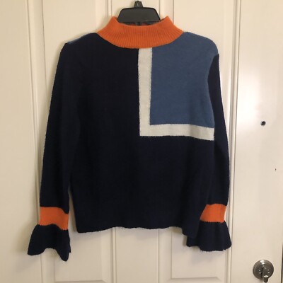 Soofulrim  Colorful Colorblock Sweater high neck ruffle Flare cuff Small medium-image