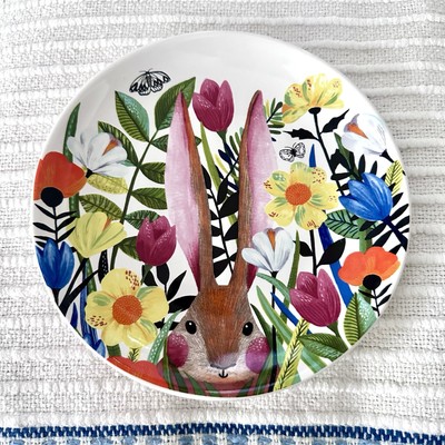 Pier 1 Exclusive Mod Floral Bunny Salad Plate Porcelain Spring Rabbit 8.25”-image