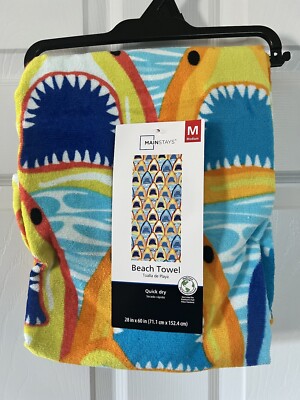 New Beach Towel Shark Print Kids Boy Girl Pool 28x60 Soft & Absorbent Yellow Red-image