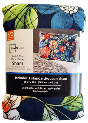 Mainstays Standard/Queen Pillow Sham Quilted Green/Red/Blue Floral (1 Count)-image