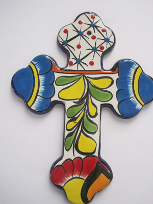 Southwestern Design Handpainted Ceramic Orange Talavera Cross Lg 11 1/4 inch-image