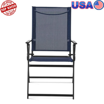 Navy Steel Sling Outdoor Patio Armchair Set Foldable & Portable Set of 2 New-image