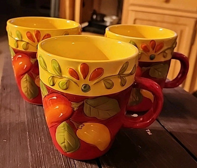 Set Of 3 Pier 1 Imports Flores Hand Painted Earthenware Mugs 4 1/2