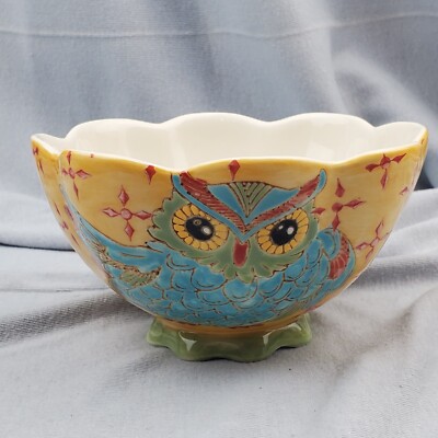 Dutch Wax Bowl Coastline Imports Colorful Owl Design Ruffled Edge 6