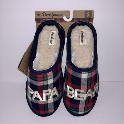 NEW Dearfoams Cozy Comfort Papa Bear Plaid Slippers Men’s Size S 7/8 Tan Sherpa-image