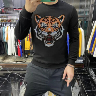 New Fashion Men Tiger Trend Rhinestones Velvet Winter Warm Sweatshirt Hoodie-image
