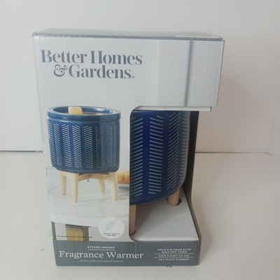 Better Homes & Gardens Electric Blue Ribbed Ceramic Wax Warmer with Wood Base-image