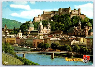 Austria Salzburg, Old Town Salzburg, Fortress, Bridge, River, Chrome 4 x 6 Unp-image