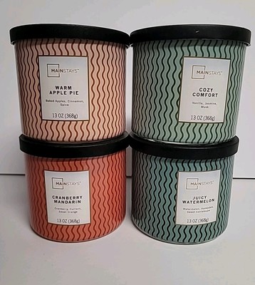 3-Wick Mainstays, 4 Pack Candles 13 Oz Each,Watermelon,Cranberry,Apple Pie&Cozy!-image