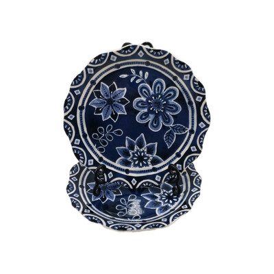 Set of 2 Pier 1 Imports Ironstone Indigo Floral Blue White Dinner Plates 11