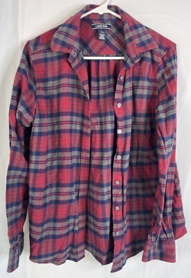 Lands End Button Down Shirt Men Size 8 Red Plaid Pearl Snap Cotton Long-sleeved-image