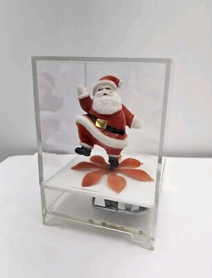 Vintage Spinning Flocked Santa Musical Wind Up In Lucite Box Hong Kong -image