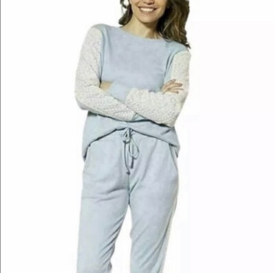 Flora Nikrooz Top Shirt Women Blue w/ Lace Soft Cozy PJ Blouse Size Large-image