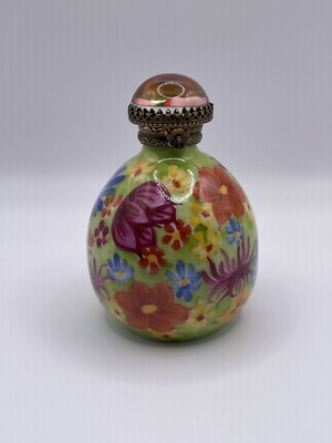 Limoges Imports France Peint Main Green Floral Perfume Trinket Box -image