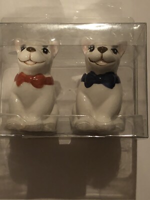 White Bulldogs w/ Red Blue Bows Salt & Pepper Shakers Ceramic Dog Pet Decor 3.5”-image