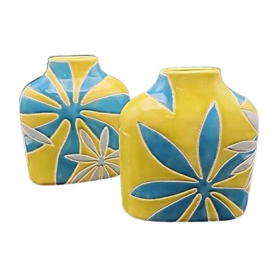 2 Pier 1 Imports Floral Bud Vases Turquiose & Lime Green Flower Design Pottery-image