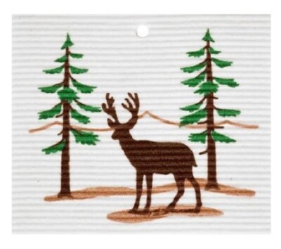 Deer & Pine Trees Swedish Dishcloths ~~ Set of 2 ~~ Made in Sweden ~~ F/S-image