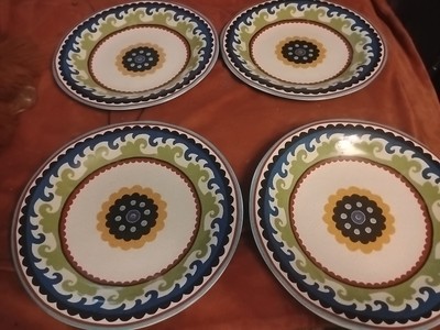 Pier 1 Suzani Medallion Lot of 4 Dinner Plates Blue Green Colorful 10 7/8