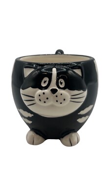 Pier 1 Imports Chubby Cat Black & White Coffee Mug Hand Painted Whimsical-image