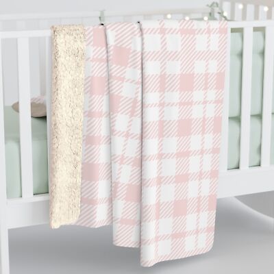 Cozy Sherpa Fleece Blanket, Light Pink Plaid Pattern Throw Blanket-image