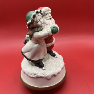 Vintage Musical Figurine Santa & Mrs Claus Ice Skating Christmas Musical Box-image