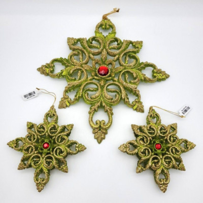 Pier 1 Ornaments w/ Green Glitter Red Jewel Fancy Star Geometric Set of 3 Lg+Sm-image