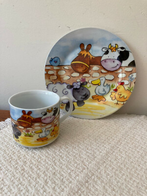 Farm Animals Porcelain Child's Cup & Plate Set ~ European Design by J&S Imports -image