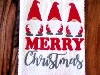 GNOMES MERRY CHRISTMAS  EMBROIDERED HANDMADE WHITE HAND TOWEL RED STRIPES-image