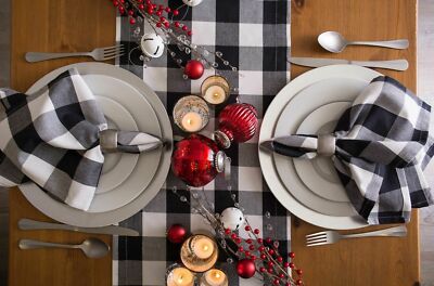 Design Imports Buffalo Check Plaid Table Runner Cotton Black White 72 x14 New-image