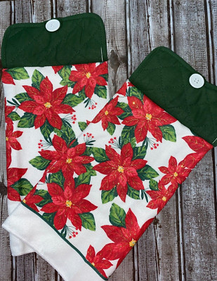 Christmas Poinsettia Glittery Oven Door Hanging Potholder  w Hand Towels-image