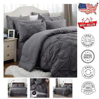 Cozy Full Size Bedding Set - 7 Pieces with Pinch Pleat Design in Dark Grey-image