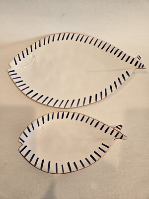 Pier 1 Stoneware Fish Shaped Blue & White Brown Rim Plate Set of 2 -image