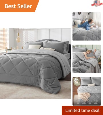 Elegant Grey Bedding Set - 7-Piece Reversible Comforter Set for Queen Size Beds-image