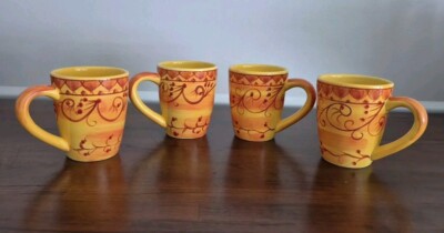 Pier 1 Karistan Mugs Coffee Tea Hand Painted Gold Yellow Earthenware 16oz-image