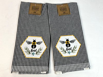 Design Imports DII Bee Kind Black Gingham Embellished Dishtowel Set of 2 NWT-image