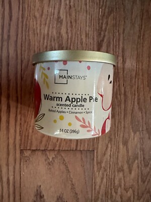 MAINSTAYS NEW SCENTED CANDLE; WARM APPLE PIE; 14-OZ; 3-WICK; METAL DUST COVER-image