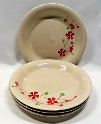 Pier1 Imports PER180 Salad Plates x4 Red Flowers Berries on Branch Cream -image