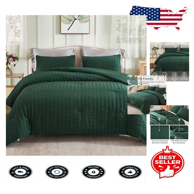 Elegant Dark Green Seersucker King Comforter Set with Pillowcases - Soft & Cozy-image