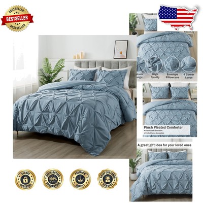 Luxury Grayish Blue Pintuck Comforter Set - Full 3 Piece All-Season Bedding-image