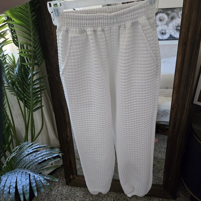 White Waffle Knit Joggers — Textured Cozy Pants — Small (Fits XS)-image