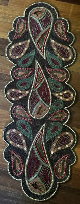 Pier 1 Imports Boho Beaded Table Runner 35”x13” Blue Gold Maroon Pink-image