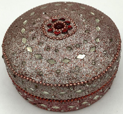 Vintage Papillon Eastern Imports Tin Bejeweled Lidded Box Valentine Pink Heart-image