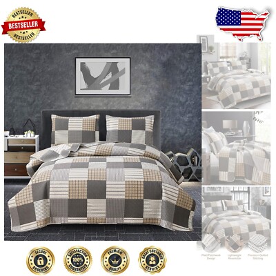 Reversible Twin Bedspread with Plaid Patchwork - All Season Comfort-image