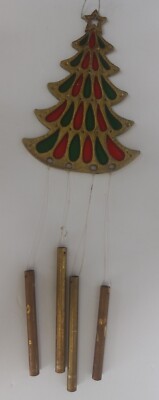 Vintage Stained Glass and Cast Metal Christmas Tree Wind Chime Japan Decoration-image